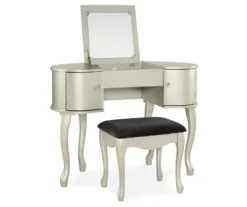 Kelly Silver Rounded Mirror Vanity Set With Stool