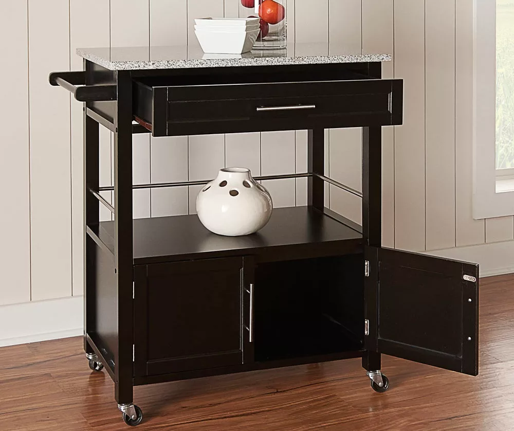 Black Double Door Kitchen Cart With Granite Top 2 Black Double Door Kitchen Cart With Granite Top - Image 2