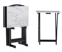 Davis White Faux Marble Tray Tables With Stand, 5-Piece Set -Best Furniture Store 810389673 A0 1