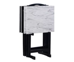 Davis White Faux Marble Tray Tables With Stand, 5-Piece Set -Best Furniture Store 810389673 A0 3