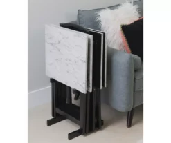 Davis White Faux Marble Tray Tables With Stand, 5-Piece Set -Best Furniture Store 810389673 B0 2