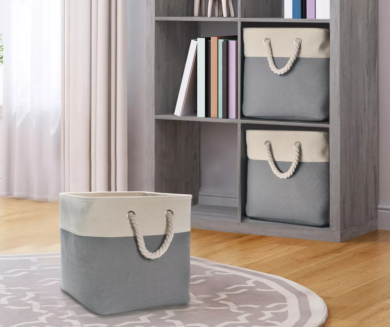 Gray & Cream Fabric Storage Bin With Rope Handles 2 Gray & Cream Fabric Storage Bin With Rope Handles - Image 2