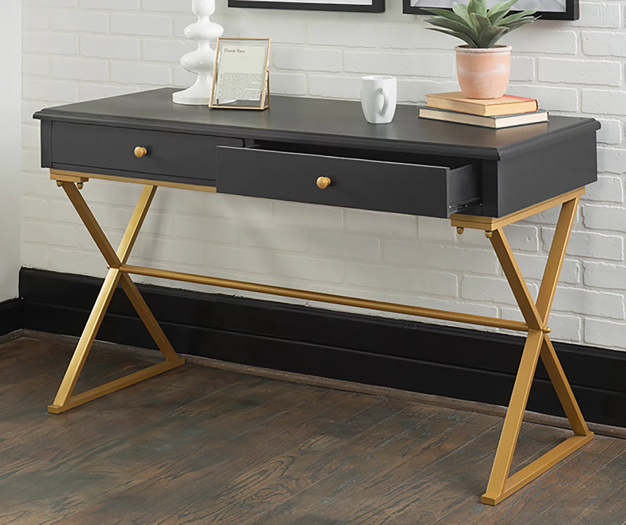Glam Black & Gold 2-Drawer Campaign Desk 2 Glam Black & Gold 2-Drawer Campaign Desk - Image 2