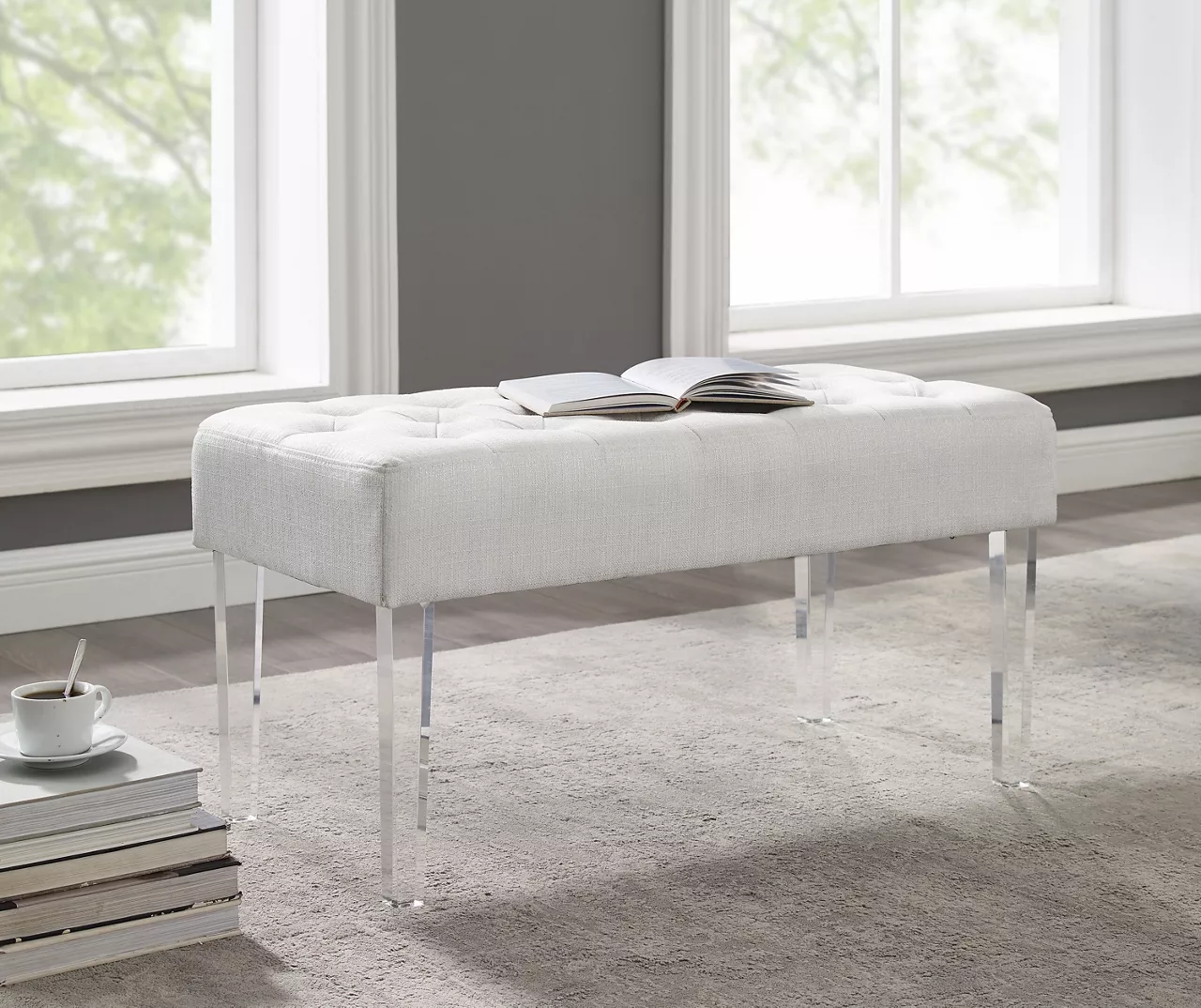 Marie Glitz White Tufted Linen Acrylic Leg Bench 1 Marie Glitz White Tufted Linen Acrylic Leg Bench