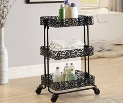 Mabry Black 3-Tier Pierced Floral Rolling Cart 9 Mabry Black 3-Tier Pierced Floral Rolling Cart -Best Furniture Store 810543382 2