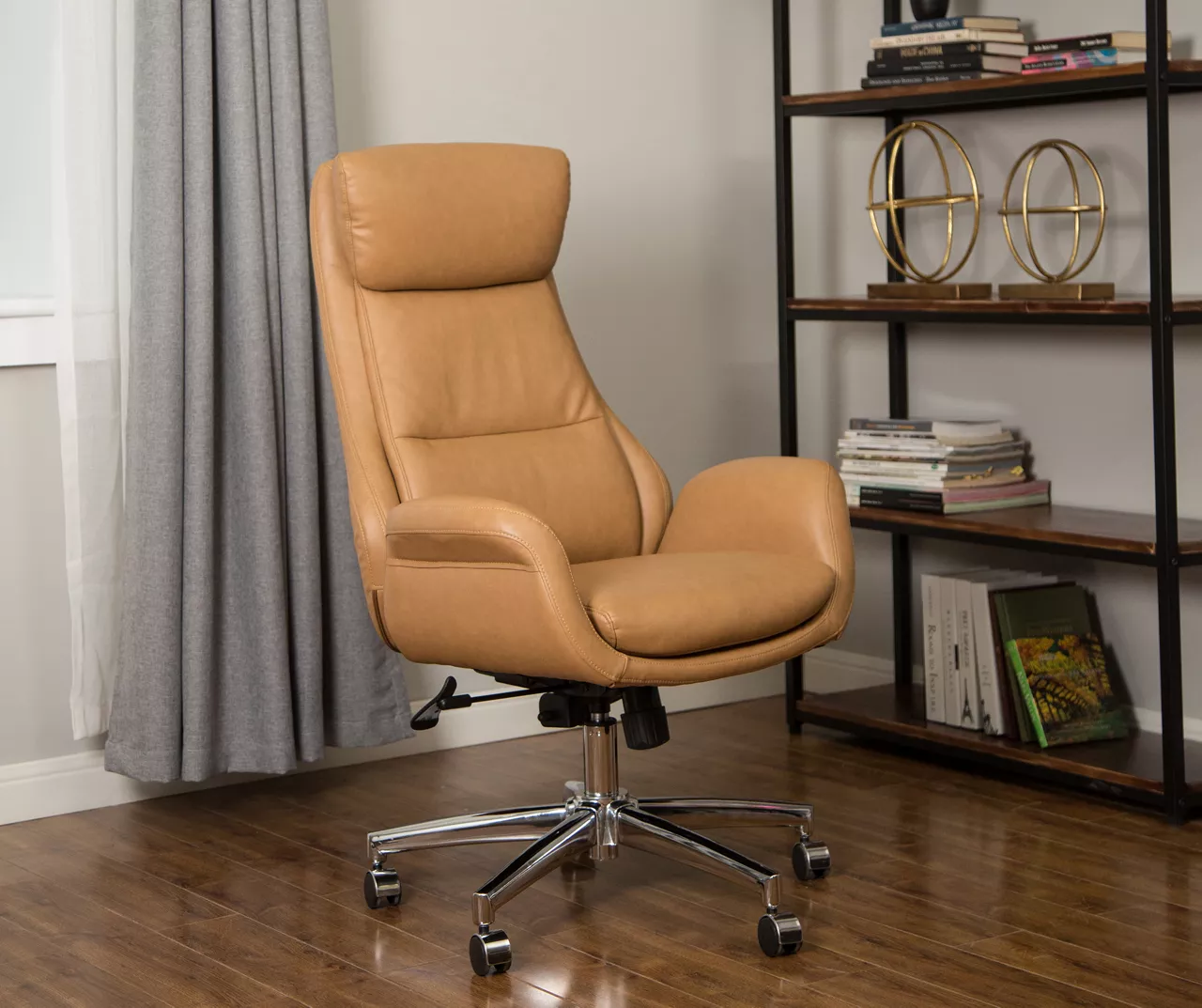 Light Brown Mid-Century Modern Faux Leather Executive Office Chair 4 Light Brown Mid-Century Modern Faux Leather Executive Office Chair - Image 4
