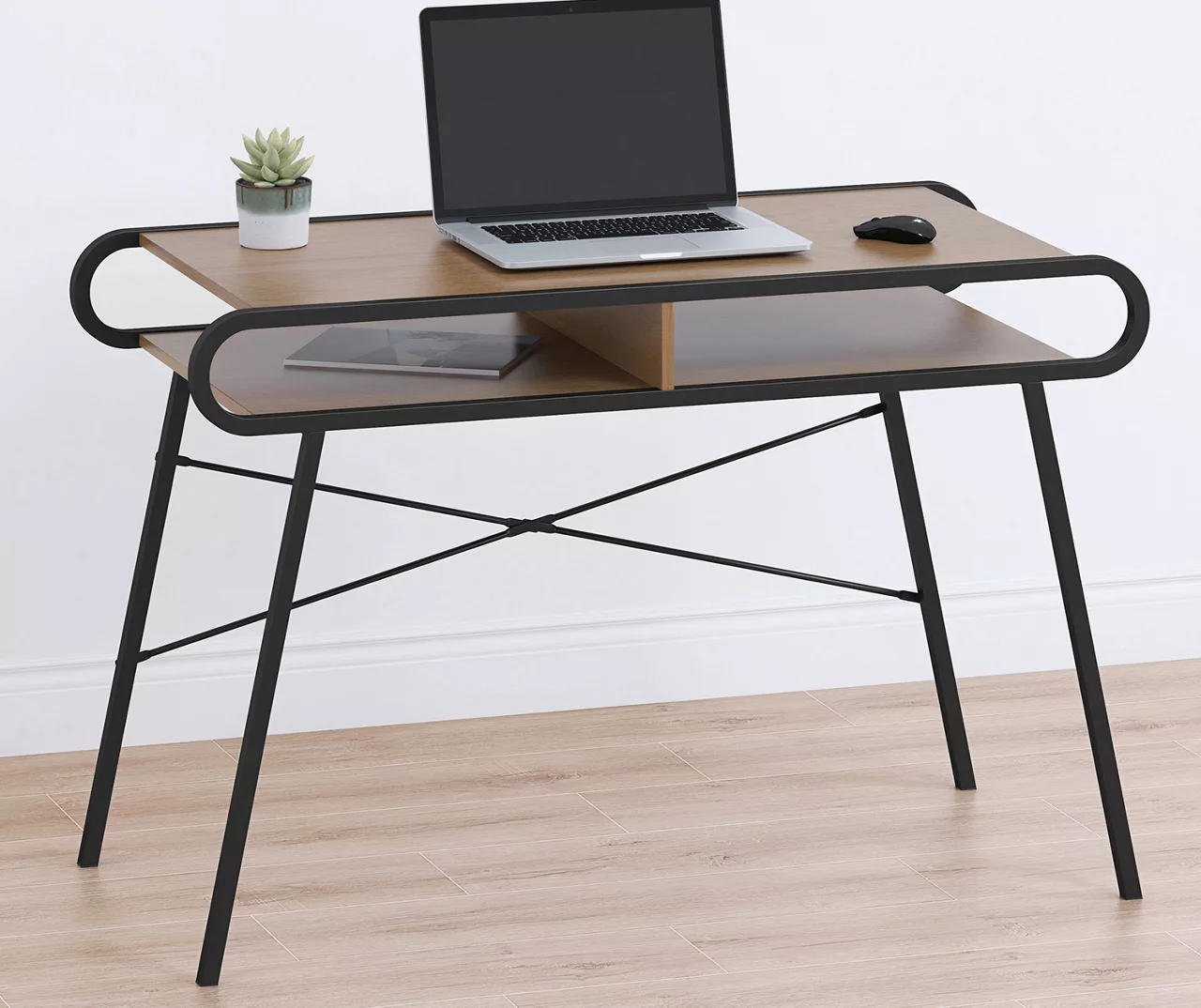 Black Metal & Woodgrain Rounded Edge Desk 2 Black Metal & Woodgrain Rounded Edge Desk - Image 2